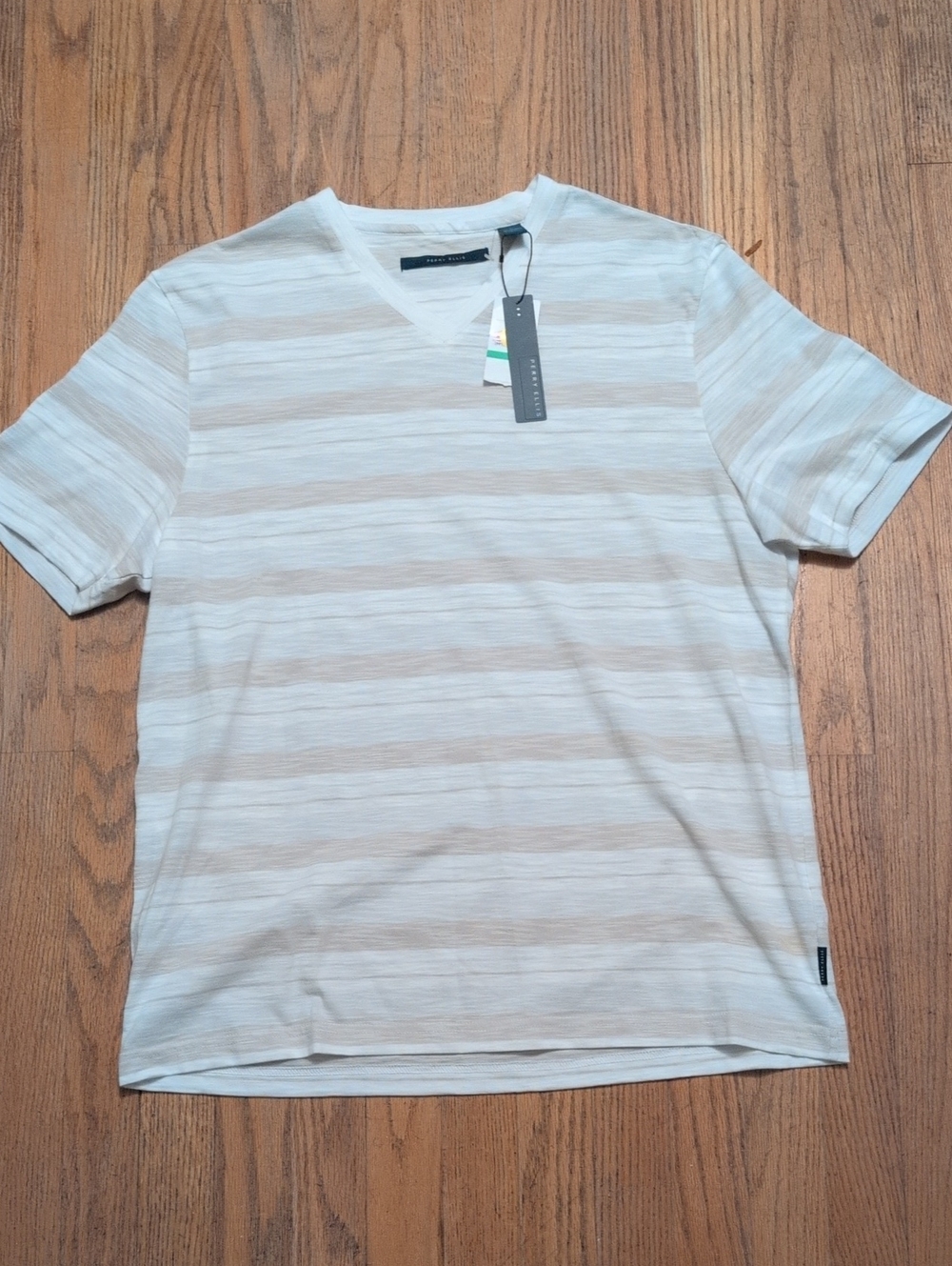 Perry Ellis Cream & Tan Striped V-Neck Short Sleeve Tee